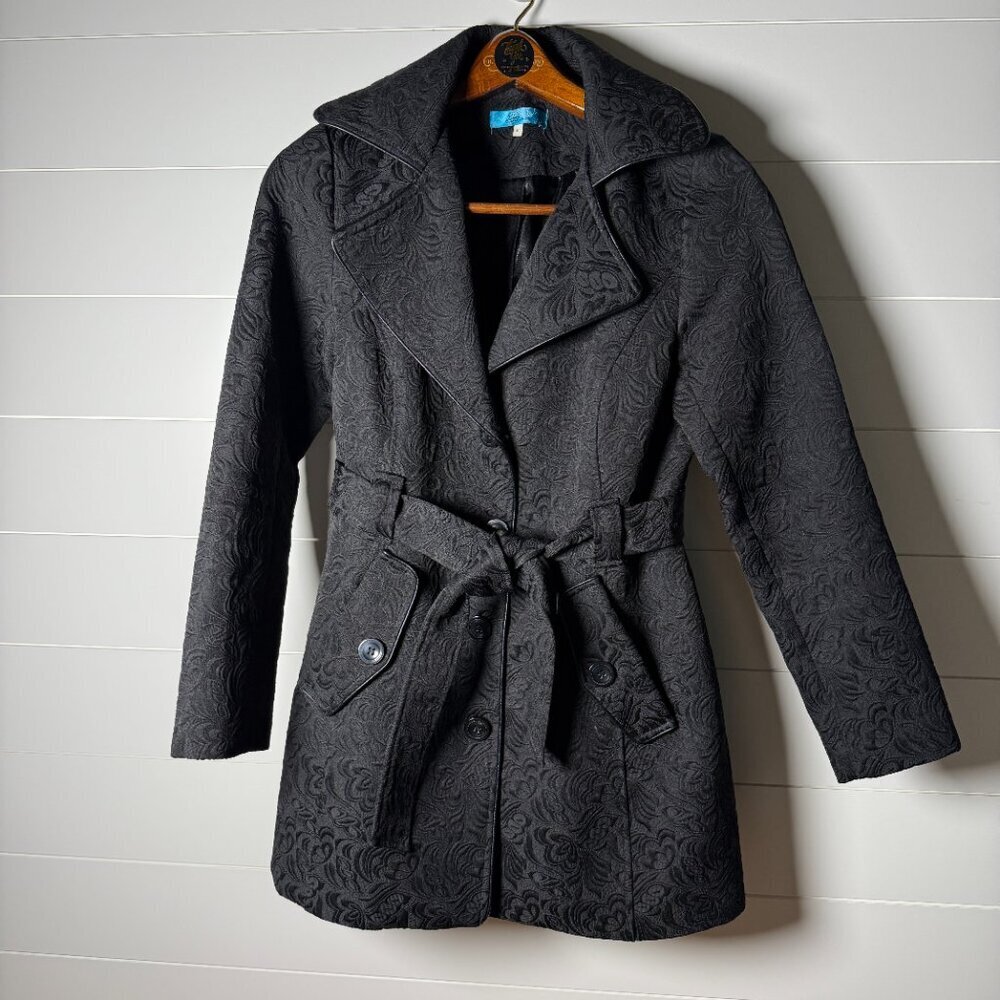 Vintage Women's Buttons Trench Dress Coat Medium Black Faux Leather Trim